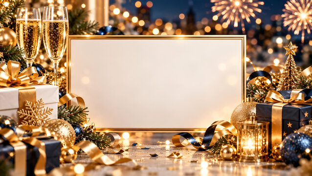 Festive scene with champagne glasses, gold and blue gifts, and fireworks. Perfect for celebrations, invitations or holiday season content.