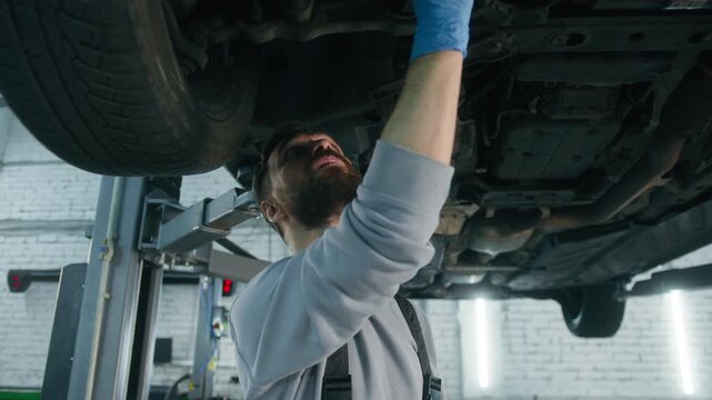 Caucasian man mechanic repairing truck underside in service station male technician working beneath raised vehicle using tool transport engineer fixing mechanical parts automotive garage maintenance