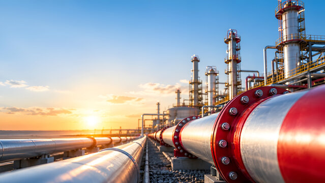Industrial landscape showcasing pipelines and refineries at sunrise. Metal structures highlight energy production and transportation in a vibrant setting.