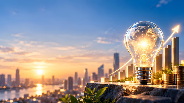 Innovative city skyline with a light bulb representing ideas and growth, surrounded by rising financial charts against a sunset backdrop.