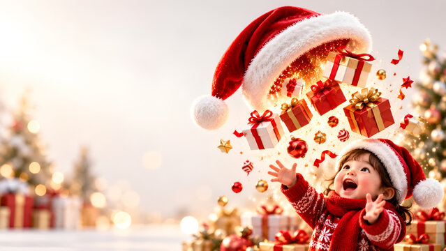 Joyful child in festive sweater reaches for floating gifts and Santa hat amidst a magical Christmas backdrop, filled with cheer and holiday spirit.
