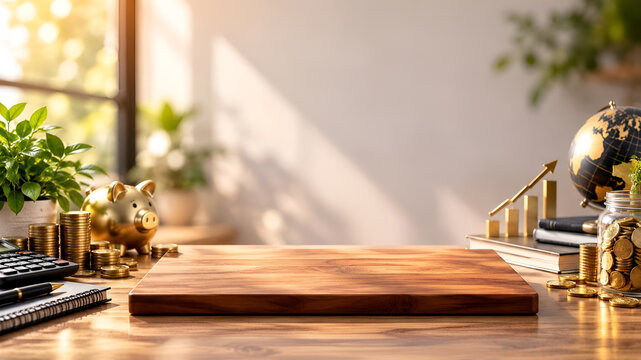 Modern office desk with sunlight, featuring a wooden surface, financial growth symbols, and greenery, creating a perfect workspace environment.