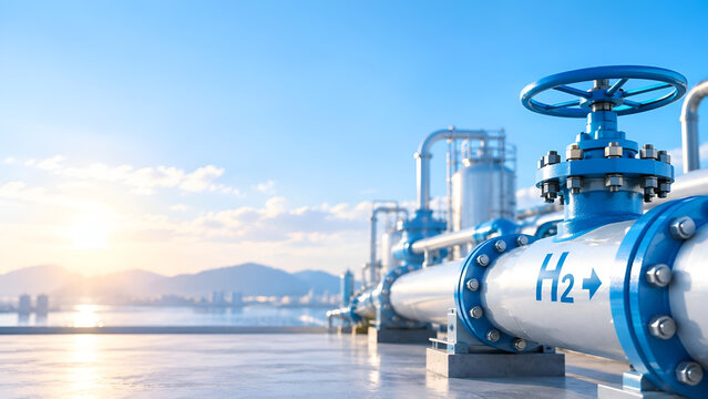Modern hydrogen pipeline infrastructure with an industrial background, highlighting clean energy solutions under a clear blue sky.