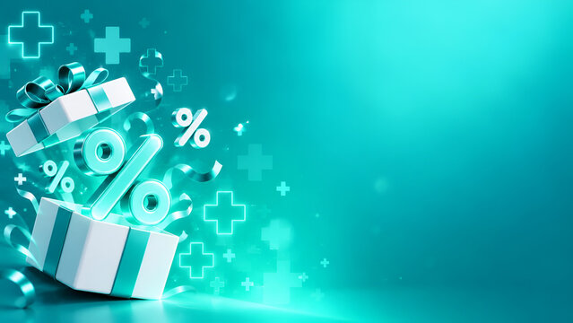 Open gift box with floating percentage symbols on a vibrant turquoise background, symbolizing opportunities and financial growth. Conceptual and dynamic imagery.