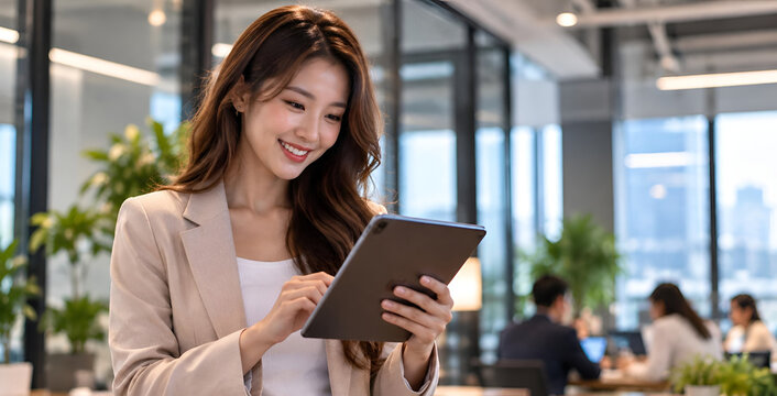 Professional woman in a modern office using a digital tablet for work. Bright and dynamic workspace with natural light and greenery.