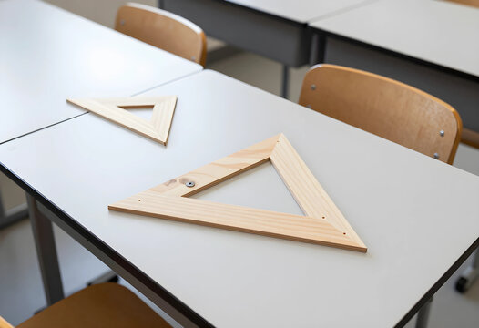 Education and academic learning, wooden geometry triangles on a school desk in an empty classroom for mathematics study and STEM curriculum development