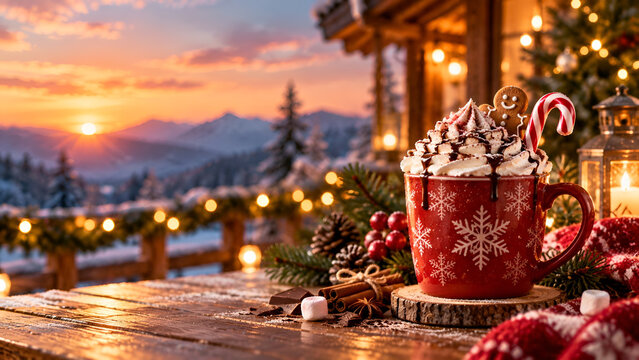 Warm mug of hot chocolate with whipped cream and gingerbread on wooden table against winter forest sunset, festive atmosphere and cozy vibes.