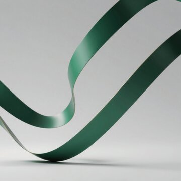 close curved green ribbon ribbon appears shiny material has smooth texture color ribbon vibrant shade green subtle sheen catches light background plain white making ribbon focal point taken slightly