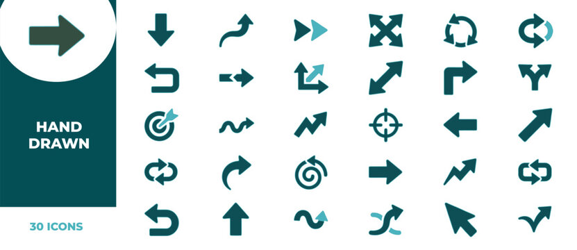 Collection of various hand drawn arrow icons for navigation design interfaces and creative presentation pointing elements