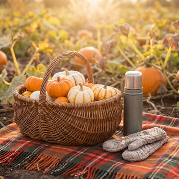 Rustic harvest basket with pumpkins on a plaid blanket in a pumpkin patch