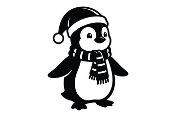 Obraz premium Charming winter penguin illustration wearing a hat and striped scarf on a white background