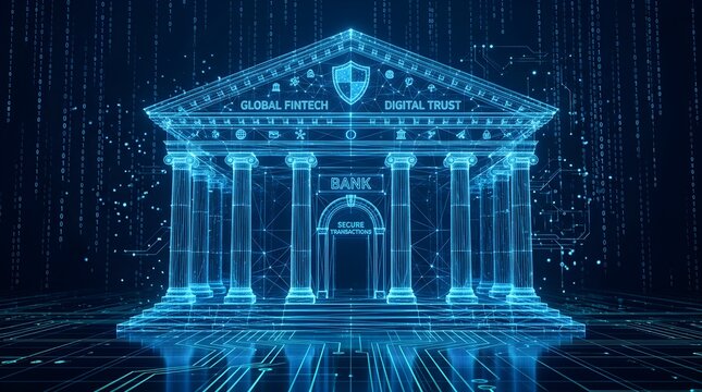 Futuristic digital bank building with glowing wireframe design, representing global fintech, secure transactions, and digital trust