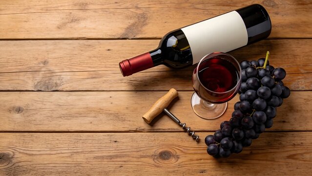 Red Wine Bottle, Glass, Grapes, and Corkscrew on Rustic Wooden Table