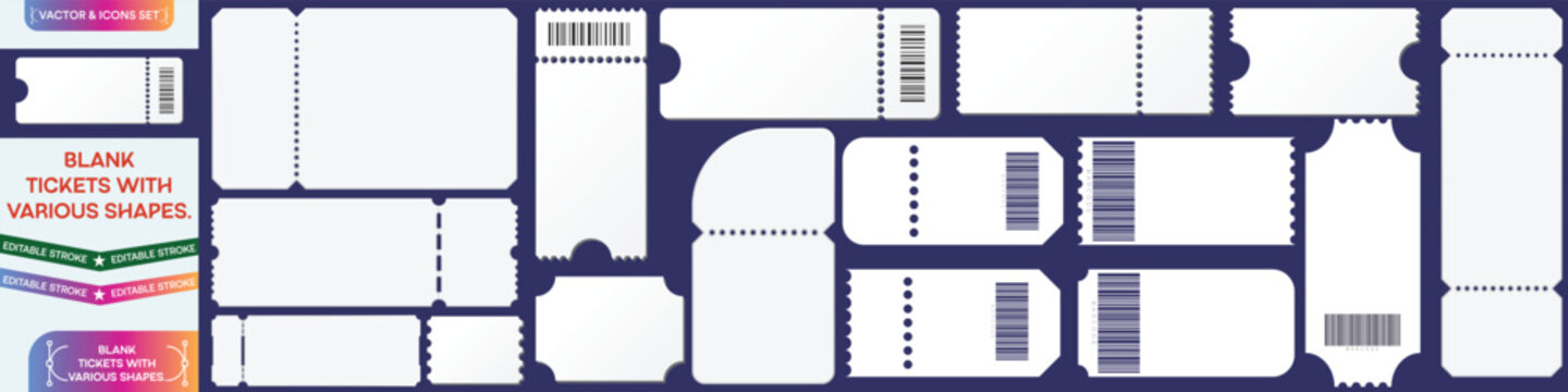 Modern musical festival ticket set isolated on transparent background. Minimalistic music consert coupons. Decorative element for summer events and festivals. Admit one ticket collection. Vector