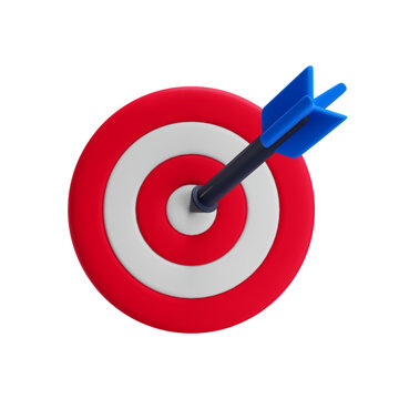 Vector realistic cartoon 3D target with arrow icon. Dart hitting center of red bullseye. Goal achievement, success, accuracy, precision, business objective, strategy, focus and marketing concept.
