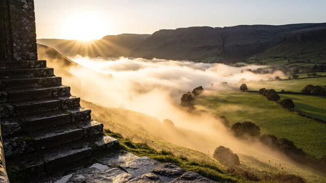 Scenic sunrise over a valley with cloud inversion and an old stone staircase leading toward the horizon