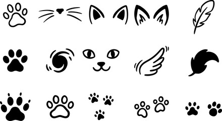 Black animal paw prints and cat features icons for pet branding and decorations © MD. NADIMUZZAMAN 