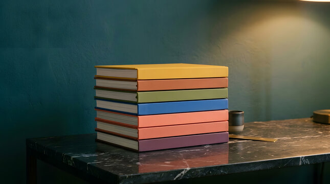 Stack of Colorful Hardcover Notebooks | Aesthetic Office Desk Setup | Minimalist Stationery Collection
