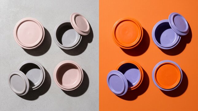 Overhead split layout of ceramic storage jars and lids