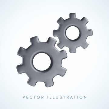 Vector realistic 3D gears icon. Metallic two cogwheels mechanism render, settings, teamwork, workflow, engineering, business process symbol for software, development, automation, app, infographic, web