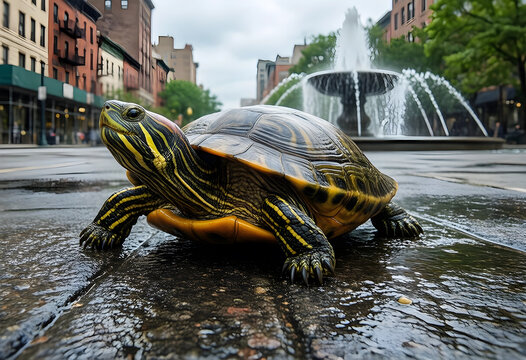 Urban wildlife and nature conservation, red-eared slider turtle walking on wet city pavement near a fountain in a metropolitan park environment