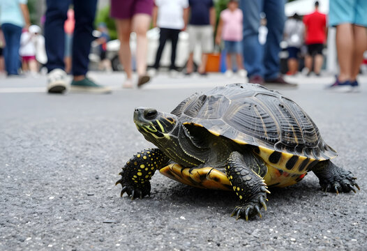 Wildlife conservation and urban encroachment, turtle crossing a busy street with pedestrians in the background habitat loss and danger