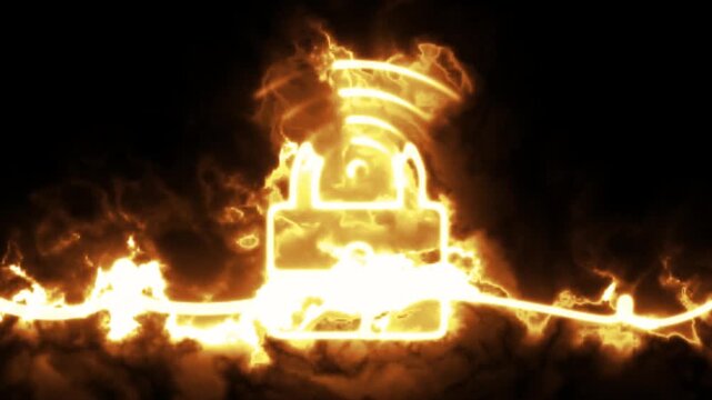 Glowing lock animation traces a bright line drawn padlock with fiery light, smoke, and flickering energy against a dark background. 4K animation.