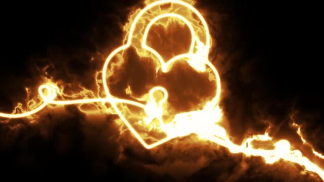 Glowing lock animation traces a bright line drawn padlock with fiery light, smoke, and flickering energy against a dark background. 4K animation.