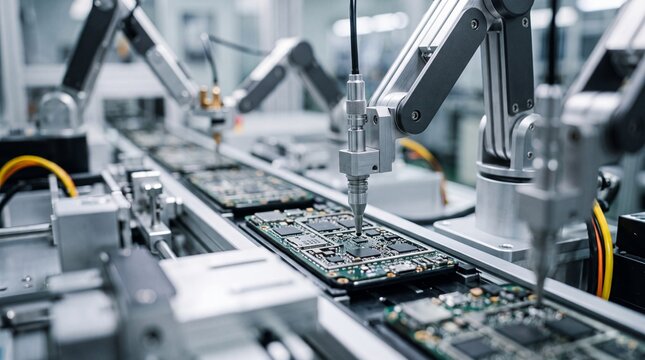 Robotic Arms Assembling Circuit Boards on Conveyor Belt