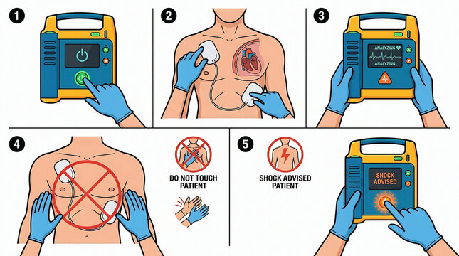 Automated external defibrillator AED usage step by step medical illustration