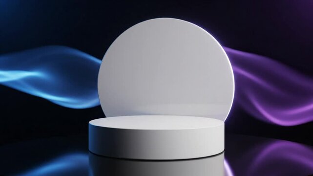 Futuristic white product podium with blue and purple neon light and abstract smoke background for product display