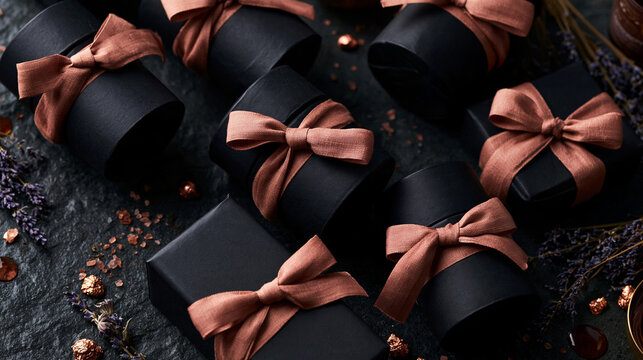 Luxury Black Gift Boxes Tied with Ribbon on Slate