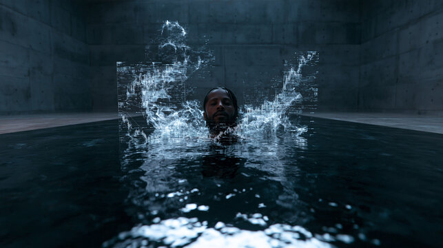 Man Emerging from Water Surrounded by Futuristic Digital Data