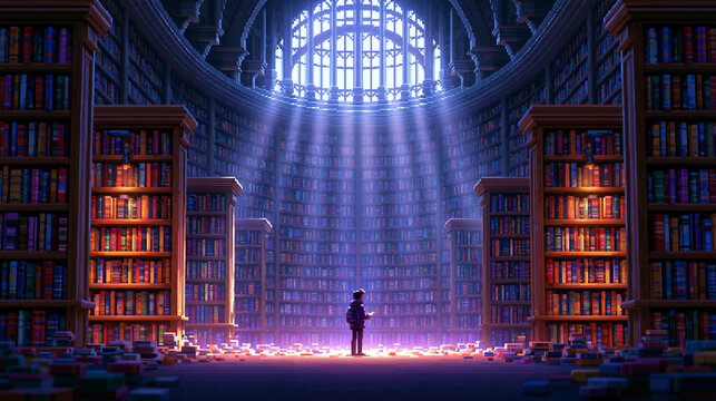 Grand Library Interior with Towering Bookshelves and Sunbeams