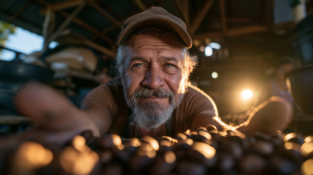 Senior Coffee Farmer Inspecting Fresh Roasted Coffee Beans