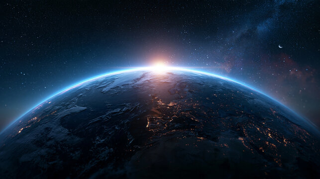 Sunrise over Planet Earth in Space with City Lights