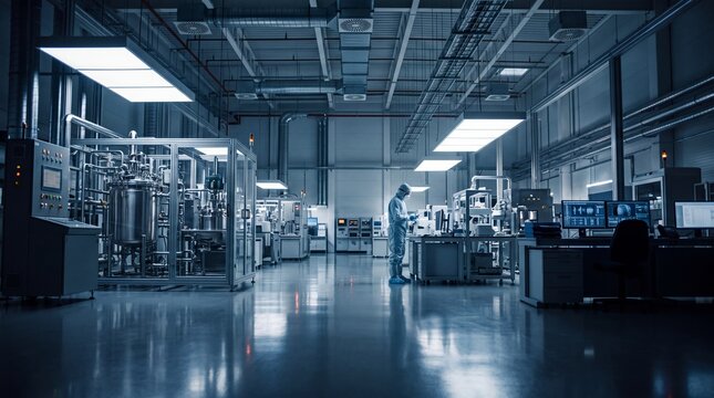 Engineer Working in Modern High-Tech Pharmaceutical Manufacturing Plant