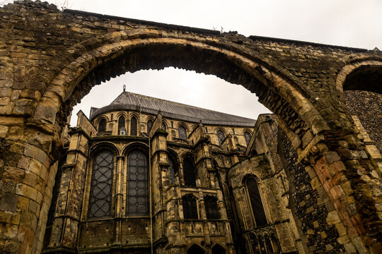 The eastern apse of Canterbury Cathedral framed by the medieval stone ruins of the Monastic Infirmary, Kent, England.