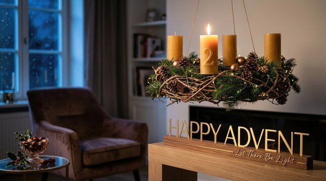 Advent wreath suspension: candle flame, pine needle, cone adornment, winter interior, holiday tradition, evening warmth, cosy armchair, festive expectation, warm glow.