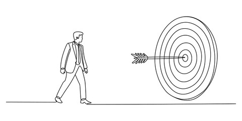 Continuous line drawing Businessman walking towards a target with an arrow in the center © JCS Graphic Design 