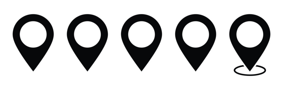 Five simple black location pin icons arranged in a horizontal row on a clean white background