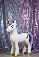 Obraz premium Fantasy and childhood imagination, unicorn toy with colorful mane and golden horn standing in front of a shimmering purple sequin fabric background
