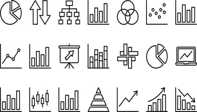 Data analytics and business charts outline icon set featuring statistics and growth visualization symbols