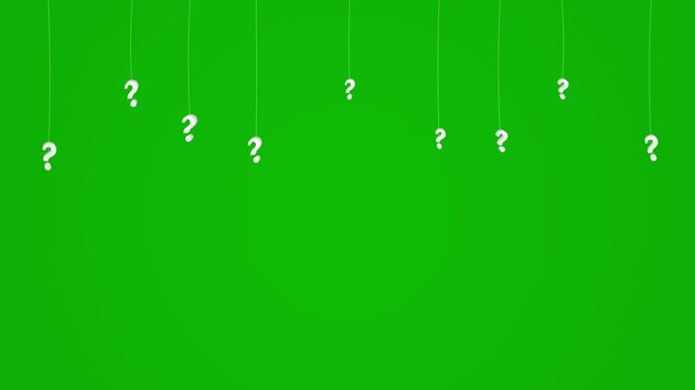 Animated white question mark symbols hanging on threads over green screen background, chroma key loop animation, quiz video background