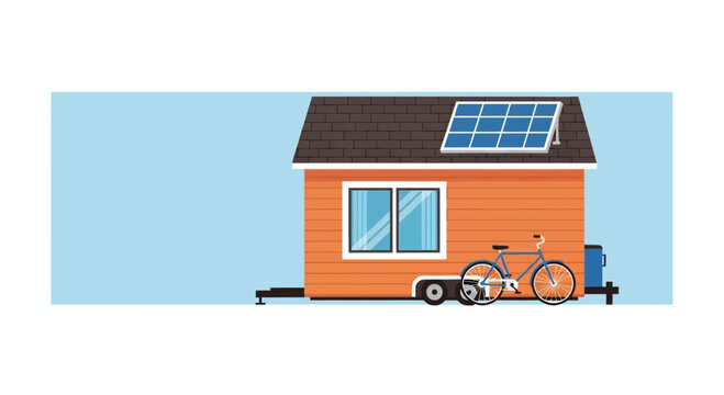 Sustainable tiny house on wheels illustration with solar panels and bicycle.