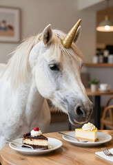 Obraz premium Fantasy and imagination concept, white unicorn eating cheesecake at a cafe table with dessert plates and forks in a cozy indoor restaurant setting