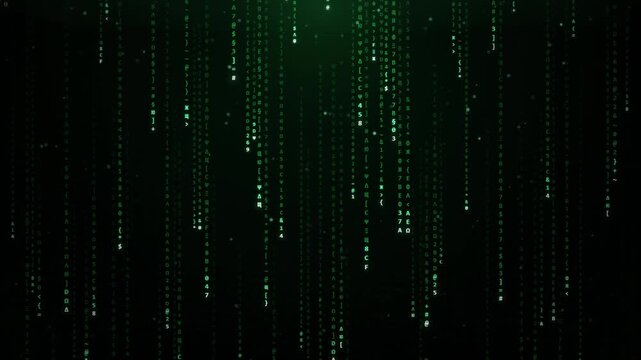 Digital green binary code falling down on a dark background