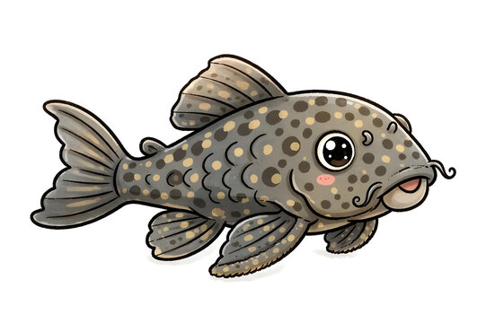 Cute suckerfish cartoon vector illustration, Adorable pleco catfish isolated on white background, Kawaii armored catfish mascot sticker design for aquarium store graphic elements
