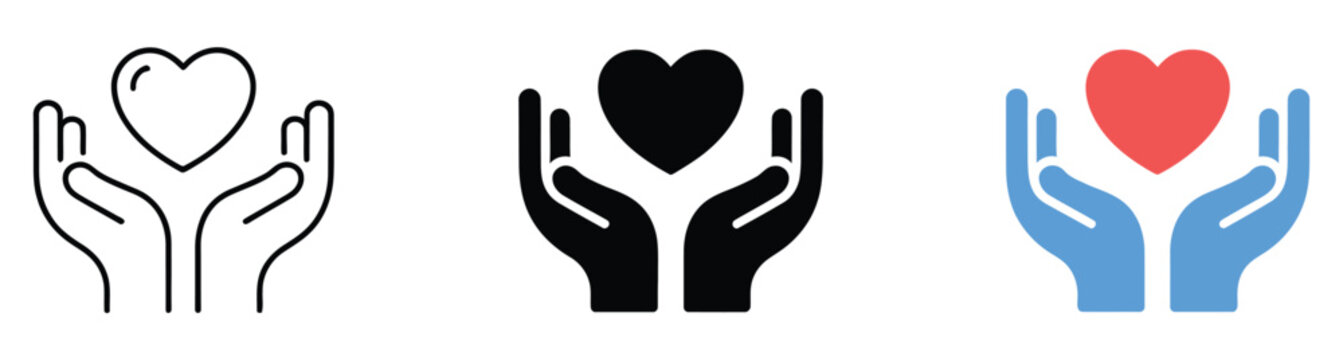 Caring hands holding heart icons, love, protection, kindness, healthcare, charitable support, compassion, empathy, donation, and community assistance in clean vector graphics