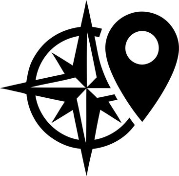 Compass rose icon combined with a map location pin symbol